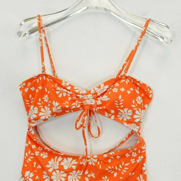 Women's Orange One Piece Swimsuit SMALL Floral Strappy Draw-String‎ Cut Out - Picture 2 of 11